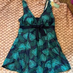 Teal Leaf-Print One-Piece Swimdress with Ties